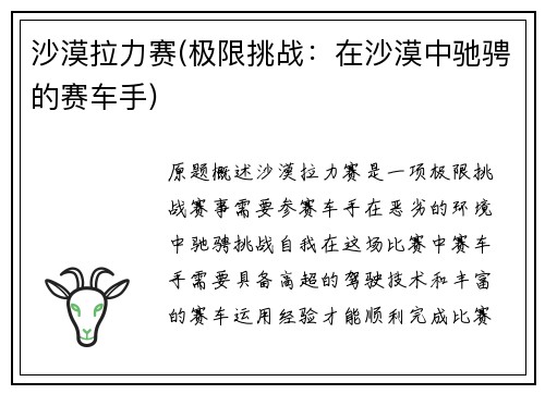 沙漠拉力赛(极限挑战：在沙漠中驰骋的赛车手)