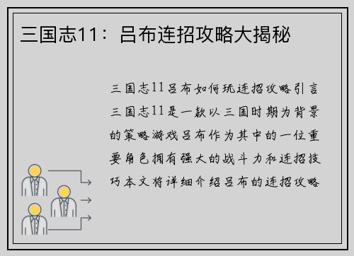 三国志11：吕布连招攻略大揭秘